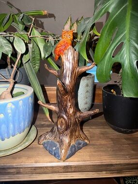 Hand-Painted Owl on Wood-Style Tree Sculpture - Orange